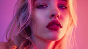 Ragazza attraente in costume cosplay sensuale davanti alla webcam con luci led e neon colorati
