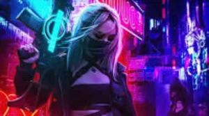 itratto sensuale di una modella virtuale creata con intelligenza artificiale in una stanza illuminata da led e neon