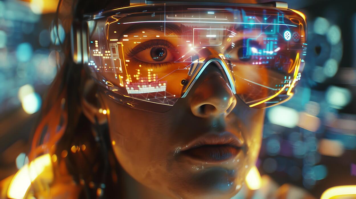 Ritratto sensuale di una modella virtuale creata con intelligenza artificiale in una stanza illuminata da led e neon