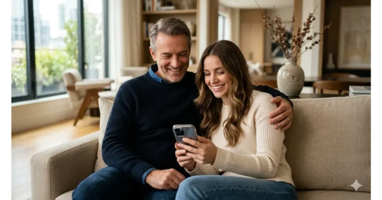 Coppia complice con differenza d'età visibile seduta sul divano in un interno moderno e luminoso, mentre sorride guardando lo schermo dello smartphone insieme.