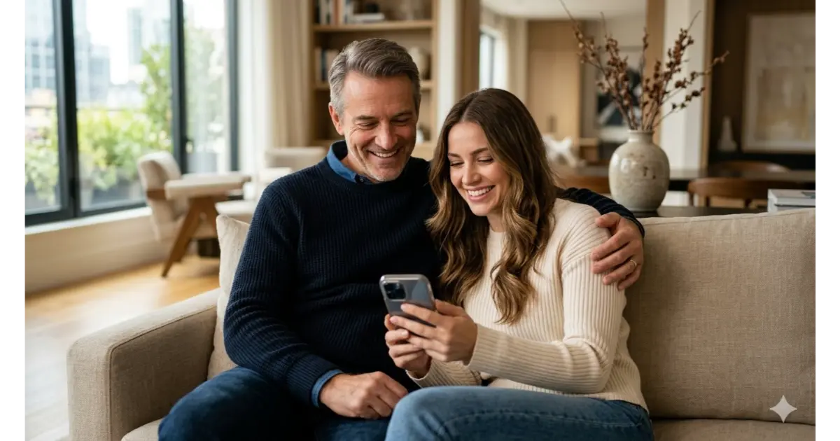 Coppia complice con differenza d'età visibile seduta sul divano in un interno moderno e luminoso, mentre sorride guardando lo schermo dello smartphone insieme.